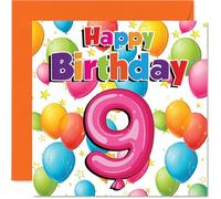 Carte de 9e anniversaire ludique - Exaltant de joie d'anniversaire - Ballons colorés et étoiles dans un design de fête dynamique - Une façon amusante de marquer les virages carrés de 9 à 145 mm
