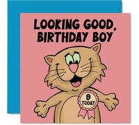 Carte de 9e anniversaire ludique - Explosion de joie d'anniversaire - Chat de dessin animé avec une rosace « 9 Today » sur rose vif - Motif fantaisiste pour le faire sourire - Carré de 145 mm