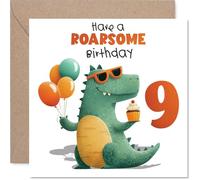 Carte de 9e anniversaire ludique - Roar into Turning Nine - Dinosaure joyeux avec ballons et cupcake - Débordant de plaisir d'anniversaire - Carré de 145 mm, enveloppe incluse