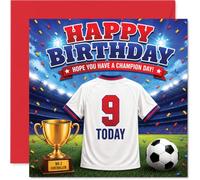 Carte de 9e anniversaire ludique - Score Big on Their Special Day - Scène audacieuse de stade de football avec trophée, chemise et confettis - Carré de 145 mm, enveloppe incluse