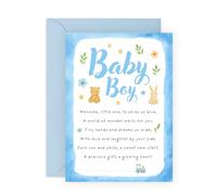 Carte de bienvenue pour bébé garçon - Joli message avec ours en peluche et lapin - Jolie carte de félicitations pour nouveau-né, pour parents, frère, sœur, amis, collègue, meilleure amie, cousine, lui