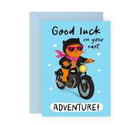 Carte de bonne chance - « Your Next Adventure! » - Carte de départ cool pour lui, elle, copain, nièce, neveu, fils, fille, ami - Chat motard cool sur moto - Livré avec autocollants