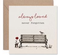 Carte de condoléances réconfortante - Mots doux pour les moments difficiles - Banc dessiné à l'encre, oiseau et fleur rouge dans un style apaisant et minimaliste - Carré de 145 mm, enveloppe incluse