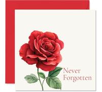 Carte de condoléances sincères - A Gentle Reminder They Never Far from Our Thoughts - Illustration élégante de rose rouge avec inscription « Never Forgotten » - Carré de 145 mm, enveloppe incluse