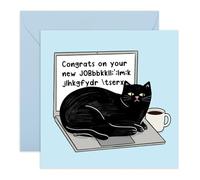 Carte de félicitations amusante - New Job Cat sur ordinateur portable - Message pour lui, elle, femme, homme, collègues, collègues, officamate, copain, compagnon et amis - Livré avec autocollants