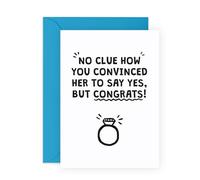 Carte de félicitations amusante pour lui - « No Clue How You Convinced Her » - Carte de félicitations pour ami, meilleur ami, frère, copain, garçon, futur marié - Livré avec des autocollants