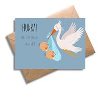 Carte de félicitations avec enveloppe - Belle carte de vœux pour la naissance de garçons jumeaux « Hourra ! Die Zwillinge sind da ! » Jolie carte cadeau de grossesse, naissance, jumeaux, baby shower