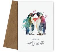 Carte de félicitations de mariage pour mariée et marié - Happily Ever After - Aquarelle pingouins