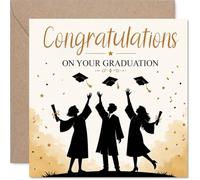 Carte de félicitations Milestone - Chapeaux à votre réalisation - Silhouettes de diplômés jetant des bonnets avec confettis dorés - Carré de 145 mm, enveloppe incluse