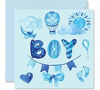 Carte de félicitations pour bébé garçon - Aquarelles bleues - Cartes de félicitations pour nouveau-né, Well Done Congrats New Baby Cards, Welcome To The World Home Gifts 145 mm x 145 mm