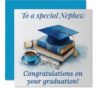 Carte de félicitations pour neveu - Marques et pompons - Casquette de remise de diplôme avec motif livres, café et verres - Carré de 145 mm, enveloppe incluse