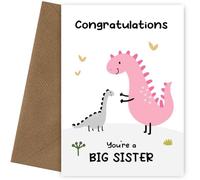 Carte de félicitations pour une nouvelle grande sœur de la part d'un nouveau bébé ou d'un frère ou d'une sœur - Carte de vœux amusante sur le thème des dinosaures