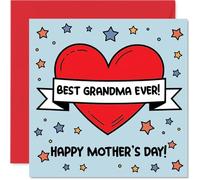 Carte de fête des mères pour grand-mère - Bursting with Love and Stars - Motif cœur rouge joyeux avec accents jaunes et bleus ludiques - Carré de 145 mm, enveloppe incluse