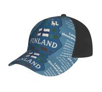 Carte de la Finlande avec divers motifs imprimés Casquette de baseball respirante et légère Chapeau de soleil élégant Sports de plein air Voyage Décontracté Noir