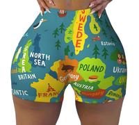 Carte de l'Europe avec imprimé coloré, flexible, élastique, confortable, short de sport, taille haute, pour exercice et course à pied, Noir , M