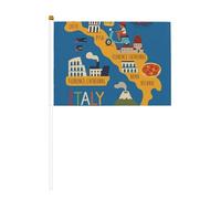 Carte de l'Italie avec monuments - Lot de 6 et 10 drapeaux à agiter à la main sur bâton - Pour défilés, fêtes, bars, anniversaires
