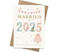 Carte de mariage 2025 - Inscription « Mariés en 2025 » avec champagne, gâteau et confettis - Intérieur vierge avec enveloppe kraft - Carte de félicitations pour couples