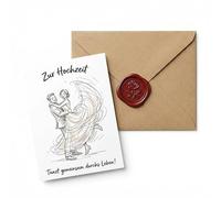 Carte de mariage avec enveloppe, élégante carte de vœux de mariage pour les jeunes mariés - Carte romantique pour le mariage comme accompagnement cadeau d'amour - Motif danse dessiné à la main.