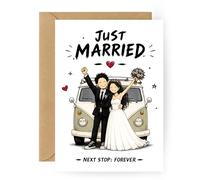 Carte de mariage Camper Just Married - Carte de vœux originale pour mariage pour camping-car et couples Vanlife, cadeau de mariage pour couple de mariés et jeunes mariés, carte pliante avec enveloppe