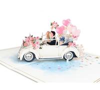 Carte de mariage pop-up 3D - Voiture avec couple de mariés et ballons en forme de cœur - Carte de vœux de mariage faite à la main - 13 x 18 cm avec enveloppe - Carte cadeau romantique