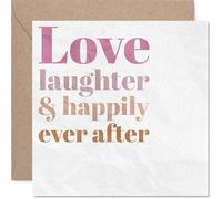 Carte de mariage romantique - Love, Laughter and Happily Ever After - Blush chaud et typographie empilée or rose - Carré de 145 mm, enveloppe incluse