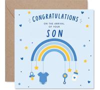 Carte de naissance Heartfelt - Bursting with Joy | Arc-en-ciel bleu et icônes de bébé à suspendre, « A Cheerful Welcome for a Precious Son », carré de 145 mm, enveloppe incluse