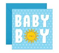 Carte de naissance pour bébé garçon - Motif soleil mignon - Bleu à pois pour les nouveaux parents, maman, papa, amis, frère, sœur, cousin - Idéal pour fête prénatale, fête de naissance, révélation du