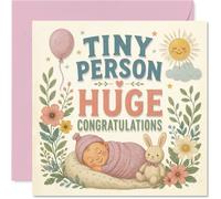 Carte de naissance - Tiny Bundle, Big Smiles - Adorable bébé endormi avec lapin, fleurs et soleil - Carré de 145 mm, enveloppe incluse