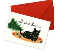Carte de Noël amusante avec chat « All Is Calm Until the Cat Arrives », jolie carte de vœux de vacances en forme de chat noir pour les amoureux des chats, adorable carte de Noël avec lumières et motif