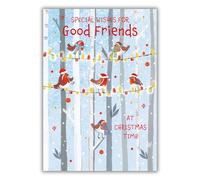 Carte de Noël Good Friends - Rouges-gorges festifs et lumières de Noël - Design artistique - Finition spéciale et feuille illustrée - Fabriquée au Royaume-Uni - Respectueux de l'environnement