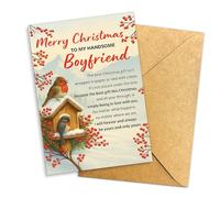 Carte de Noël « Merry Christmas to My Handsome Boyfriend » - Carte de vœux romantique avec oiseaux et baies rouges, poème d'amour sincère pour lui, cadeau sentimental pour partenaire simple 13,4 x
