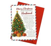 Carte de Noël « Merry Christmas to My Wonderful Husband » - Carte de vœux de vacances romantiques pour mari, message d'amour de Noël sincère avec arbre et cadeaux, carte de Noël sentimentale avec