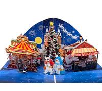 Carte de Noël pop-up 3D, marché de Noël festif avec manège, 30 x 20 x 15 cm, fabriquée à la main avec scène d'hiver, marchés et sapin, enveloppe incluse