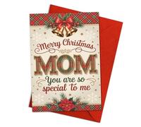 Carte de Noël pour maman - Élégante carte de vœux de vacances avec cloches, motif écossais et motif poinsettia, message sincère « You Are So Special to Me », carte de Noël parfaite pour mère