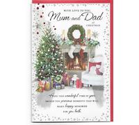 Carte de Noël pour maman et papa 23 x 15 cm avec inscription « With Love to You Mum and Dad at Christmas » - Design traditionnel - Cheminée d'arbre de Noël