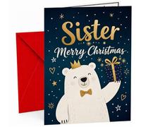 Carte de Noël pour sœur avec ours polaire et cadeau | Grande carte A5 avec poème de Noël imprimé ; ours polaire et cadeau de Noël pour sœur