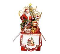 Carte de Noël rétro 3D - Carte de vœux pop-up à quatre couches, motif Père Noël, renne et scène d'arbre | Cartes de vœux en papier rouge avec enveloppe pour invitations à des fêtes entre amis et famil