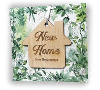 Carte de nouvelle maison avec plaque en bois à suspendre - Cadeau pour pendaison de crémaillère - Idéal comme carte de première maison et carte de déménagement (motif floral vert gauche)