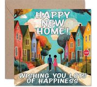 Carte de nouvelle maison - Couple vibrant se promenant devant des maisons colorées - Vibes joyeuses de nouvelle maison - Répandez la joie en s'installant - Carré de 145 mm, enveloppe incluse