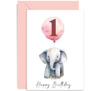 Carte de premier anniversaire pour bébé fille - Carte d'anniversaire de 1 an pour filles - Motif éléphant ballon - Jolie carte d'anniversaire rose pour elle - Fille, petite-fille | Intérieur vierge