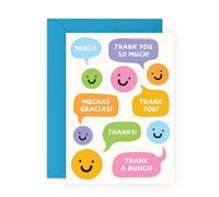 Carte de remerciement multilingue - Bulles de discours avec messages de gratitude - Smiley coloré - Carte de reconnaissance pour enseignant, ami, collègue, voisin, homme, femme - Comprend des