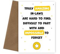 Carte de remerciement pour beaux-parents - Impossible à oublier - Carte d'appréciation pour beaux-parents et beaux-parents pour exprimer grâce à lui, elle ou eux - Lovely Words Nice Note of Thanks for