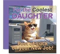 Carte de soutien pour fille - Chat cool à l'ordinateur apporte un grand nouvel emploi - Motif lunettes de soleil audacieux - Carré de 145 mm, enveloppe incluse