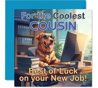 Carte de soutien pour nouveau travail pour cousin - Chien effronté dans les nuances apporte une ambiance de bureau - Golden Retriever at a Desk Wishing Good Luck - Carré de 145 mm, enveloppe incluse