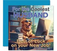 Carte de soutien pour nouveau travail pour mari - Golden Retriever joyeux avec des lunettes de soleil envoie de bonnes vibrations - Scène de bureau amusante avec couleurs ludiques - Carré de 145 mm
