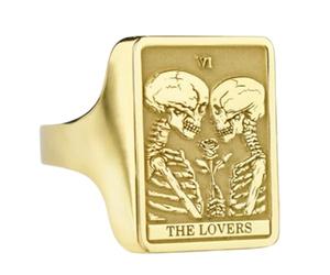 Carte de tarot des amoureux en argent sterling 925 | Bague plaquée or | Chevalière rectangulaire 16 x 12 mm | Taille de l'anneau : 5-12,5 US Avelaibal | LKDR_0262