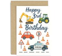 Carte de troisième anniversaire pour garçons - Joyeux 3e anniversaire - 3 ans - Tracteurs, voitures, pelleteuses, cadeaux pour enfants - Fils, petit-fils, neveu, tout-petit - Intérieur vierge