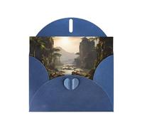 Carte de vacances horizontale montagnes et rivières avec enveloppe bleue en forme de cœur et écrire divers vœux de vacances