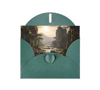 Carte de vacances horizontale montagnes et rivières avec enveloppe en forme de cœur vert foncé et écrire divers vœux de vacances