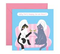 Carte de vœux amusante avec chats - « Why Limit Happy to an Hour ? » - Design Spa & Martini - Carte humoristique pour amis, lui, elle, meilleures amies, femmes, meilleures amies - Boissons et blagues